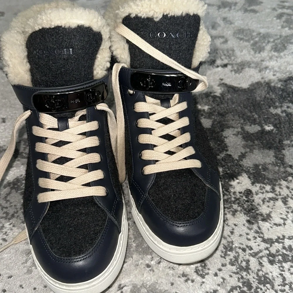 Coach Gray Wool Sherpa lined Richmond high top sneakers